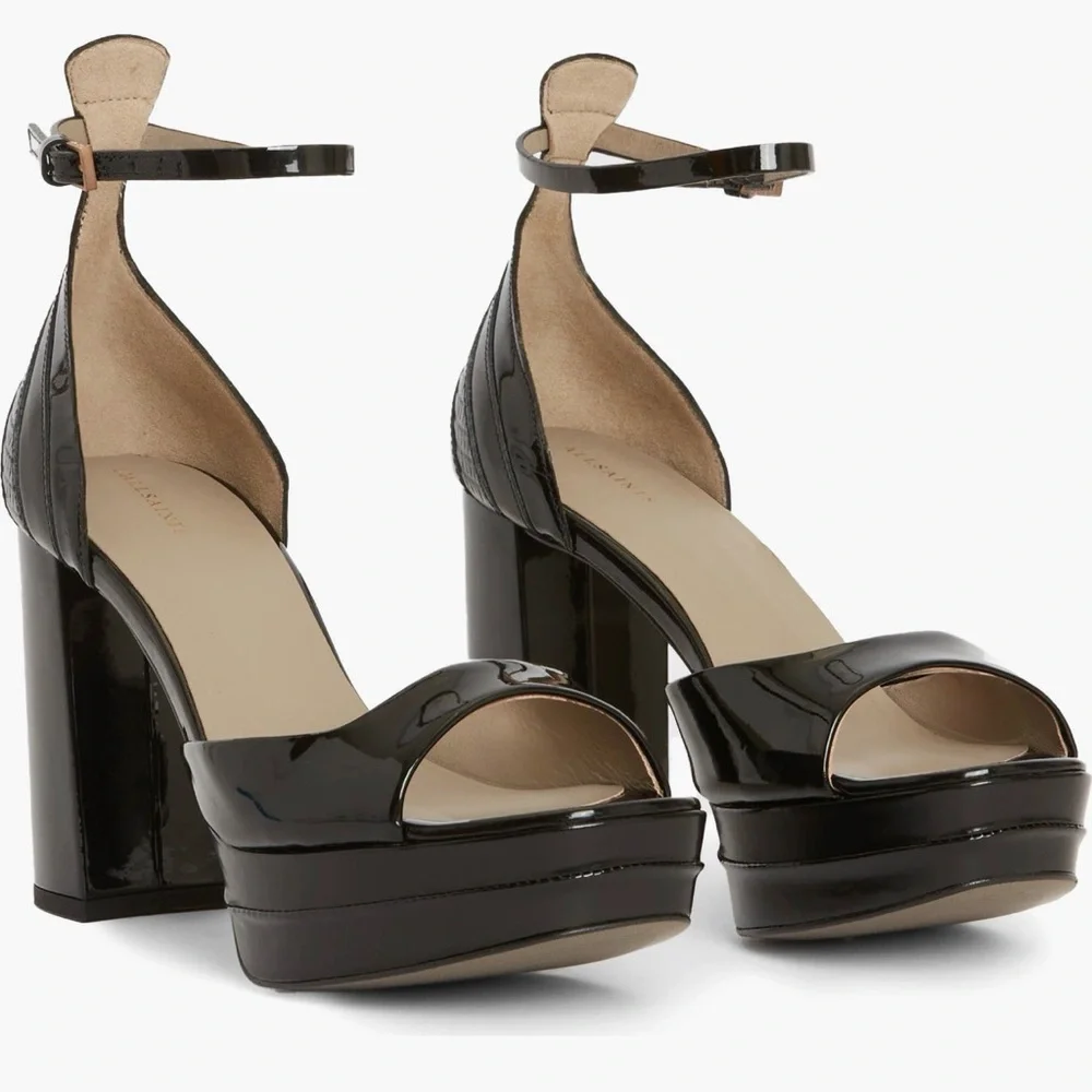 All Saints Tia Glossy Black Platform Heel Sandals Size 10M‎ WF571Z